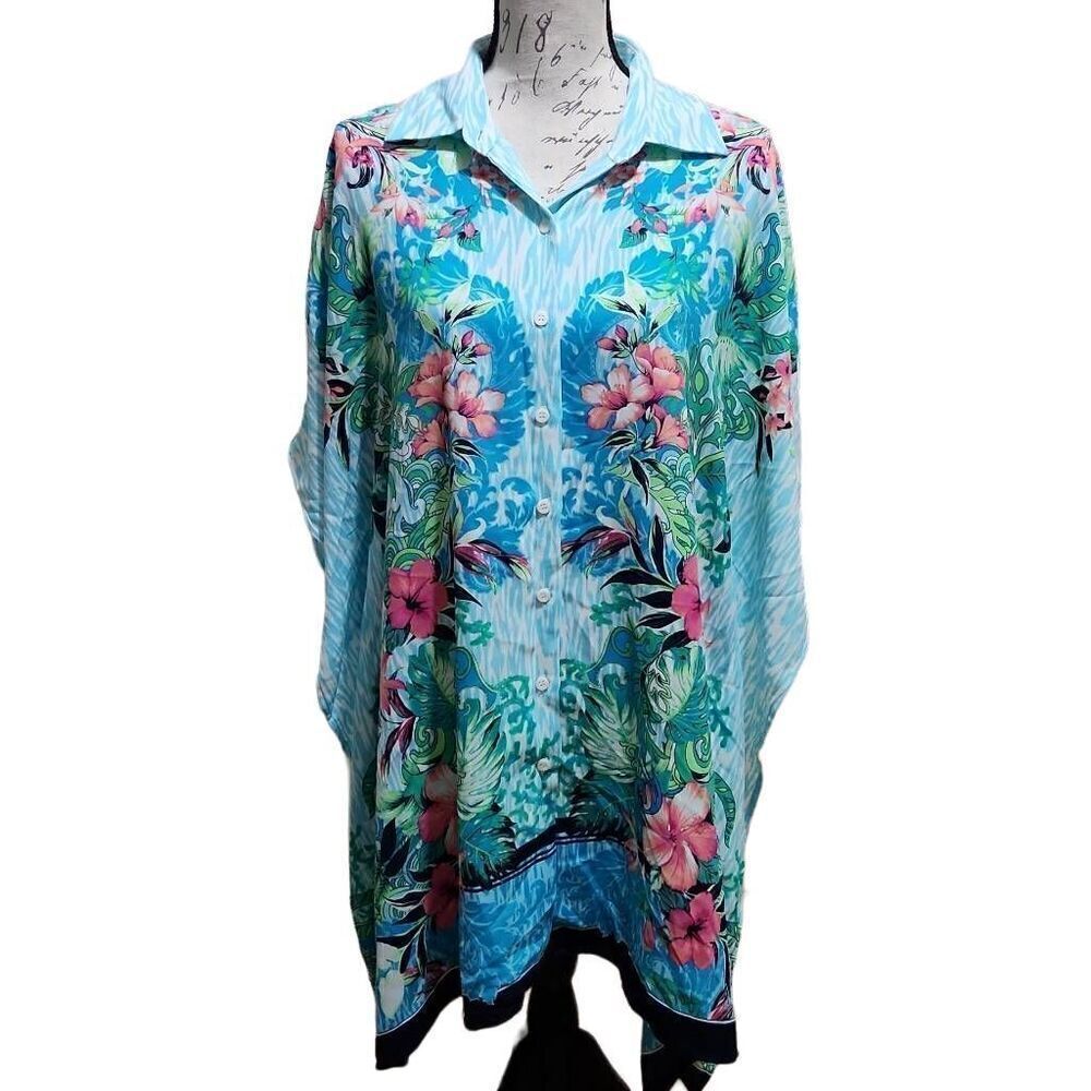 Tommy Bahama Ladies Sz L/XL Aqua Fleur De Flora Boyfriend Button Down Tunic